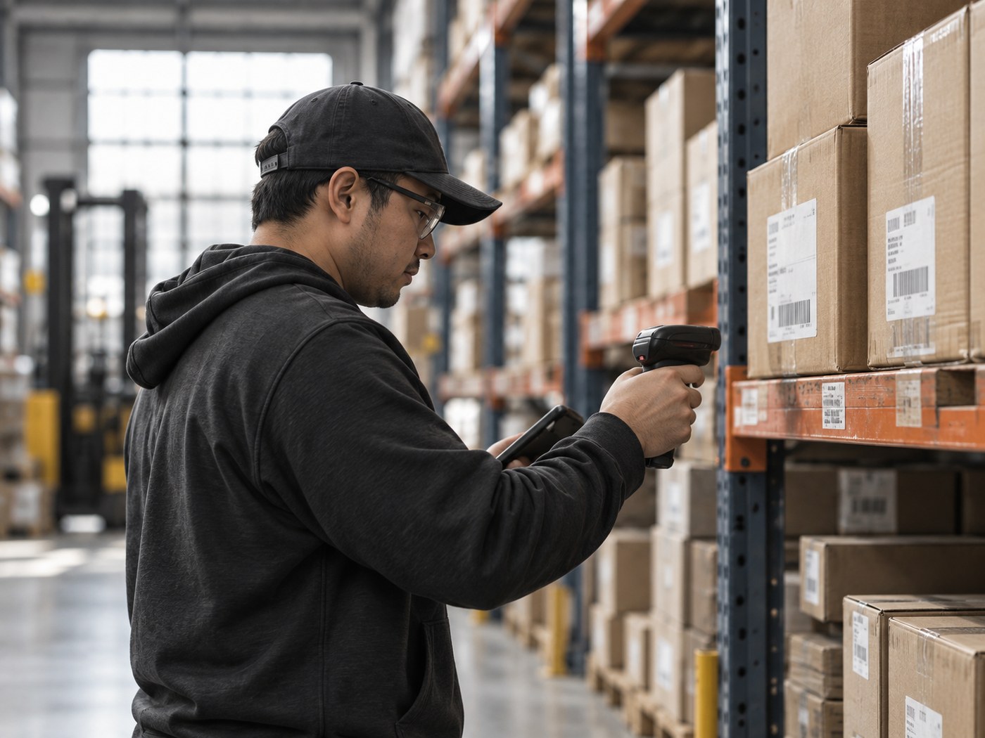 Illustration of a warehouse worker scanning a carton on a shelf.